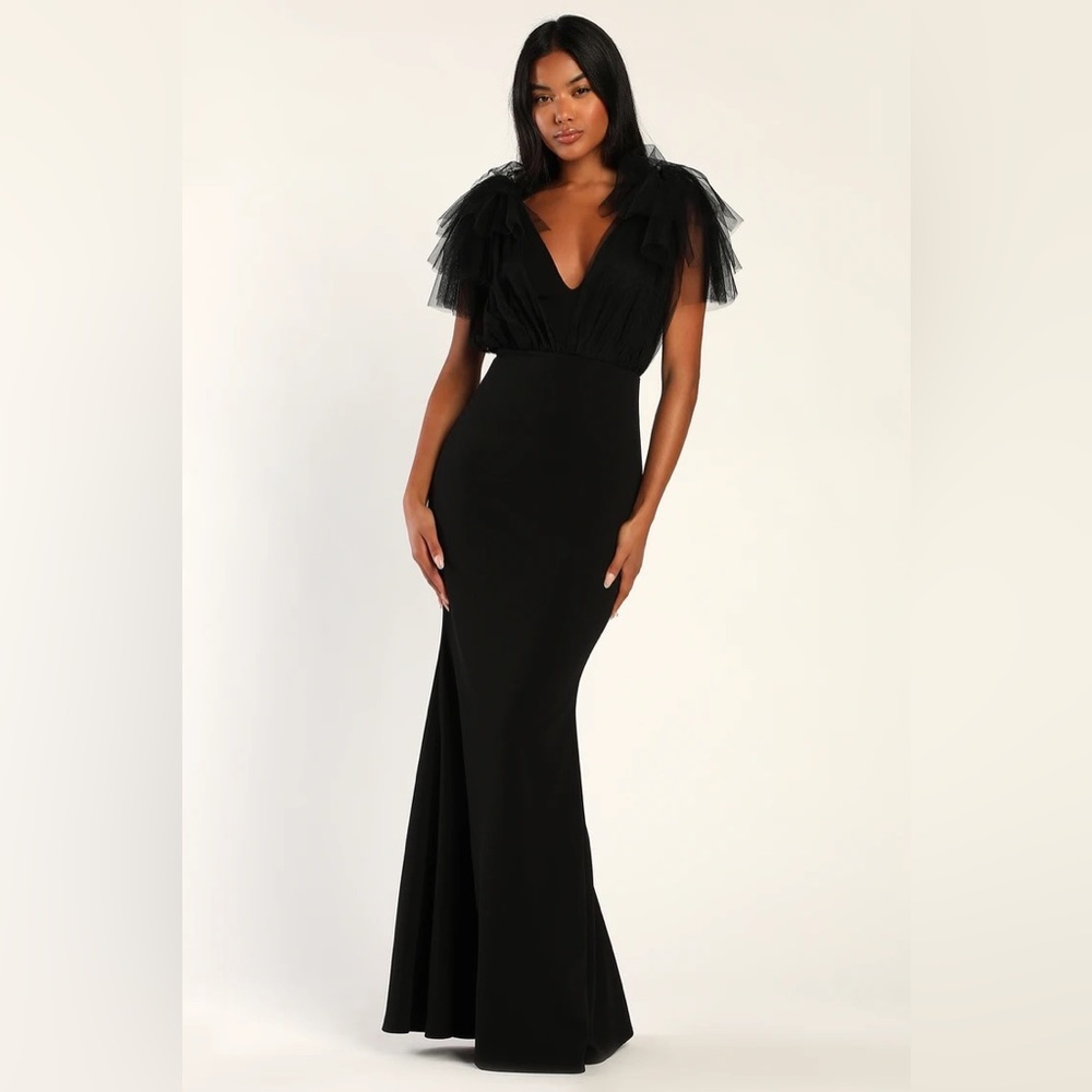 Lulus Black Tulle Flutter Sleeve Mermaid Maxi Dress